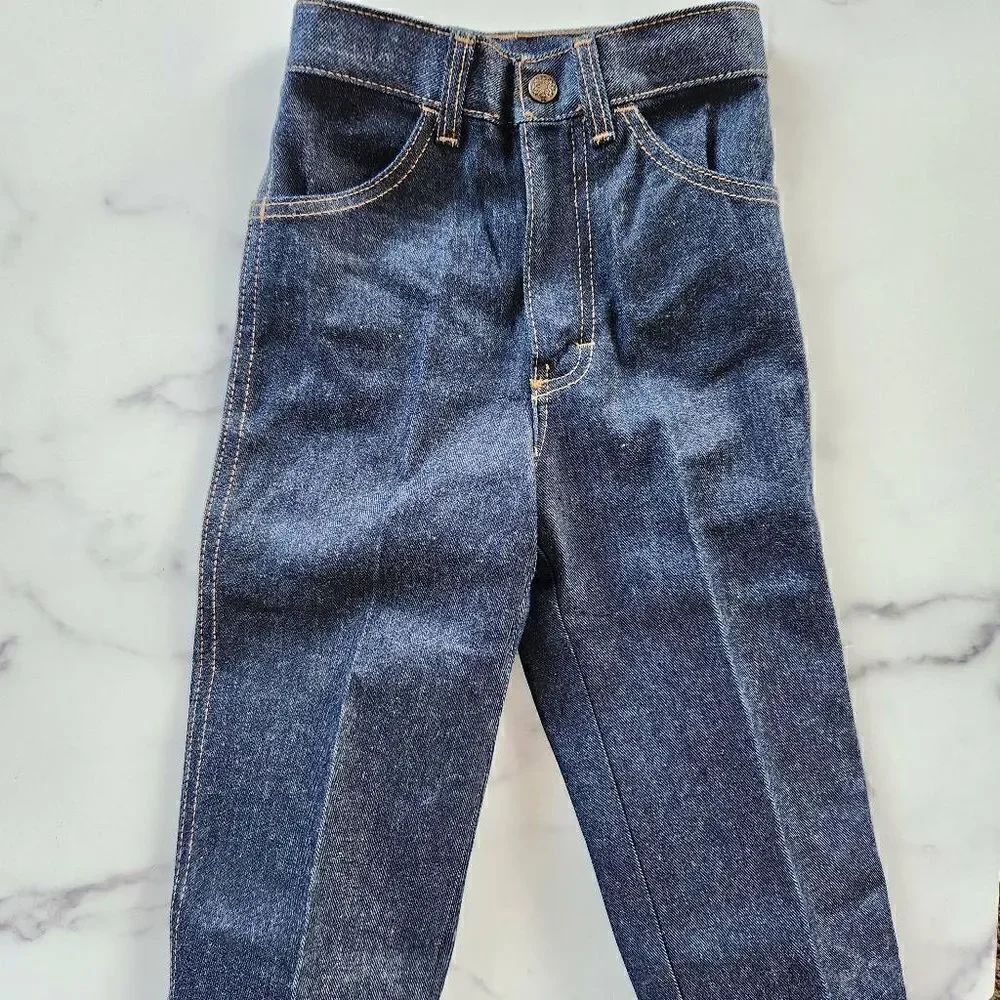 Kids unisex 70's vintage retro denim dark blue jeans high waist 2-4 year 100% co